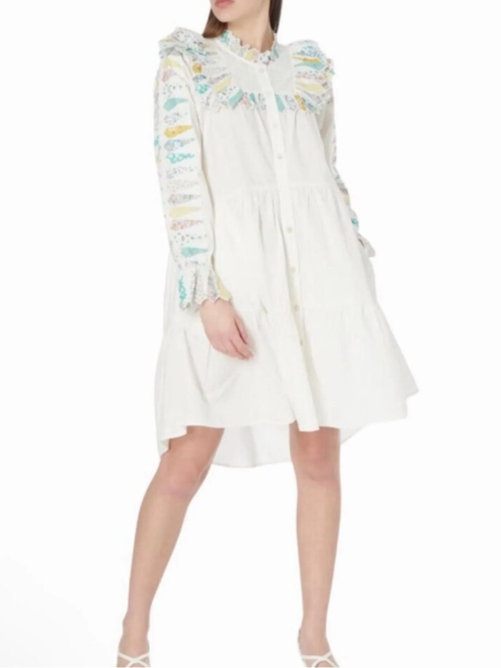 Sea New York White Tiered Button-Front Linden Patchwork Quilted Dress Stunning!!